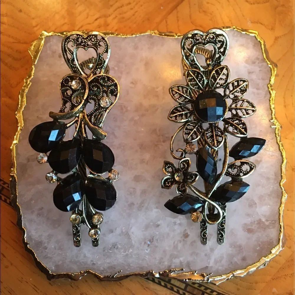 TWO BLACK Stone Jeweled Hair Clips
